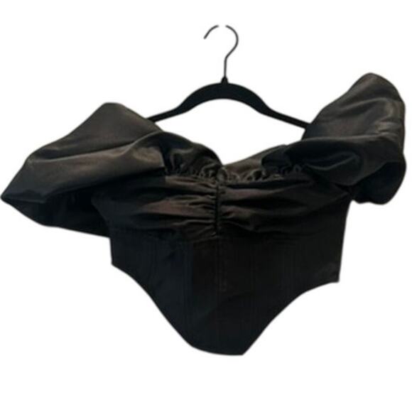 Nasty Gal Tops - Nasty Gal – Satin Twill Bardot Puff Sleeve Corset Top – Black – 2